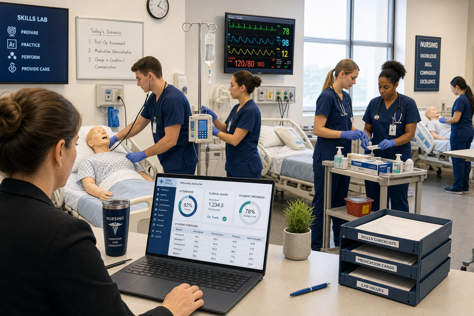 Nursing students in a simulation lab with clinical progress monitored in Maestro SIS